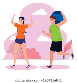 pareja ejerciendo ejercicio al aire libre, ejercicio recreativo deporte diseño de ilustración vectorial