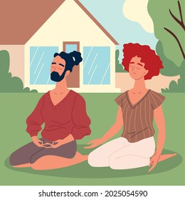pareja practicando meditación en el césped