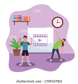 couple practicing online exercise for quarantine vector illustration design