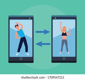 couple practicing online exercise for quarantine vector illustration design