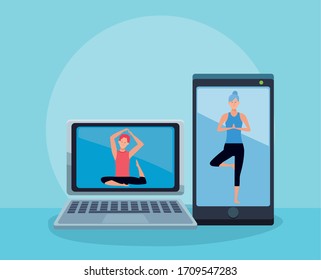 couple practicing online exercise for quarantine vector illustration design