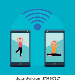 couple practicing online exercise and yoga for quarantine vector illustration design