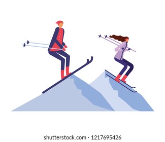 couple practicing ski in the winter landscape