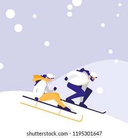 couple practicing skiing on ice avatar character