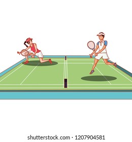 couple practicing tennis in court