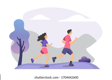 Couple practicing trail run training. People jogging outdoors. Vector illustration for runners, aerobic fitness, health, lifestyle, sport activity concept