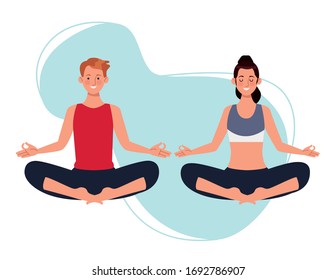 couple practicing yoga avatars characters vector illustration design