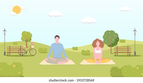 Couple practicing yoga at the park. Outdoor yoga. Vector illustration. eps 10
