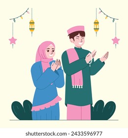 Couple Praying Flat Ramadan and Eid Fitr Illustration