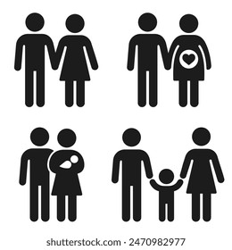 Embarazo de pareja, parto y parentesco conjunto de iconos. Hombre y mujer con bebé y niño pequeño. Las personas simples representan íconos, símbolos de Vector.