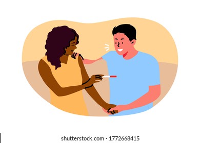 Couple, pregnancy, motherhood, atherhood, happiness concept. Young pregnant woman girlfriend showing positive test result to boyfriend man husband. Happy news waiting for kid child baby illustration.