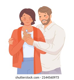 Couple with pregnancy test. Pregnant happy woman and husband man, positive fertility planning baby, health family cartoon vector illustration. Positive result of maternity fertility