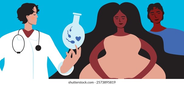 Couple with pregnant BIPOS woman as family planning concept, in vitro fertilization assisted pregnancy, flat vector stock illustration with doctor for IVF