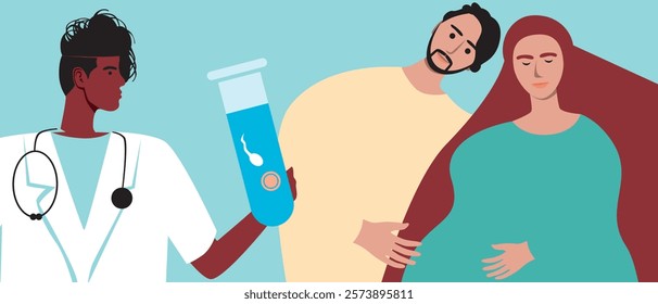 Couple with pregnant woman as family planning and in vitro fertilization concept, flat vector stock illustration with doctor for IVF