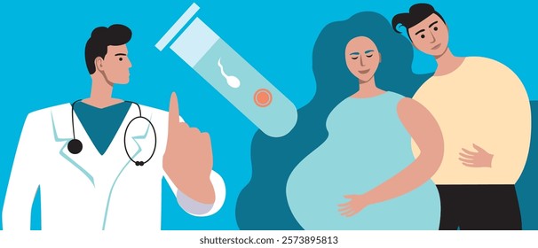 Couple with pregnant woman as family planning concept, in vitro fertilization assisted pregnancy, flat vector stock illustration, family consultation with doctor for IVF