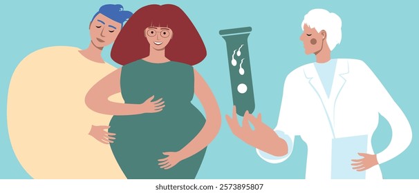 Couple with pregnant woman, in vitro fertilization assisted pregnancy, flat vector stock illustration, family consultation with doctor for IVF