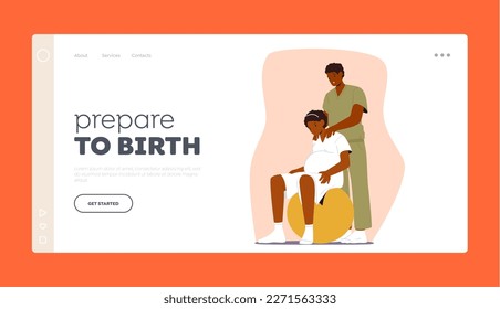 Couple Prepare For Childbirth in Clinic Landing Page Template. Woman And Spouse Characters Using Fitness Ball Getting Ready For Delivery. Prenatal Care Concept. Cartoon People Vector Illustration