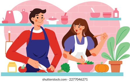 Couple prepare meal for anniversary day illustration