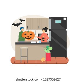Couple prepare pumpkin for halloween party at home kitchen. Halloween traditional festival concept vector illustration.