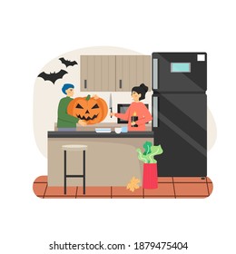 Couple prepare pumpkin for halloween party at home kitchen. Halloween traditional festival concept vector illustration.