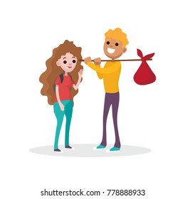 Couple prepared for at picnic standing with backpack and ban on wood stick. Hiking or camping concept. Vector cartoon flat characters isolated on white