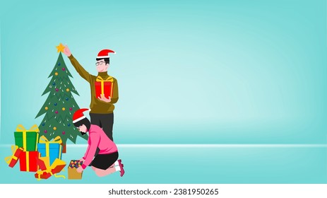 a couple is preparing for Christmas celebrations with christmas tree flat design vector illustration, family christmas party cartoon, couple with santa claus hats suitable for christmas day event