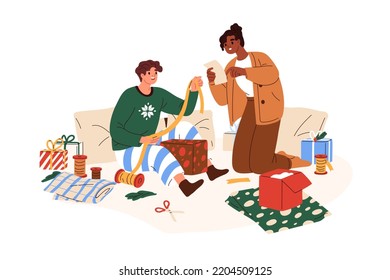 Pareja preparando regalos de Navidad en vacaciones de invierno. Feliz envolvimiento de hombres y mujeres, decorando las cajas de regalo en papel festivo para Navidad, Año Nuevo. Ilustración vectorial plana aislada en fondo blanco