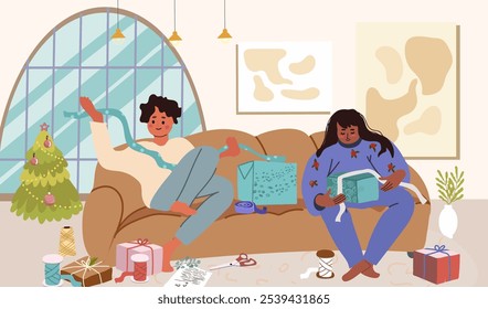 Couple preparing Christmas gifts on winter holiday. Happy man and woman wrapping, decorating present boxes in festive paper for Xmas, New Year. Hand drawn vector illustration 