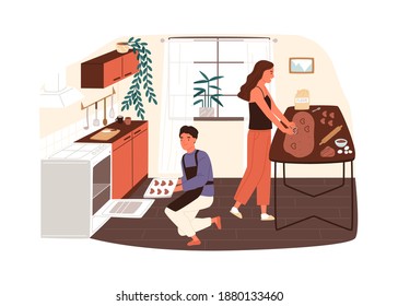 Pareja preparando galletas o pan de jengibre en la ilustración plana vectorial de la cocina del hogar. Mujer sonriente haciendo galletas de la masa, hombre poniéndolas en el horno para que se aíslen. La familia disfruta cocinando