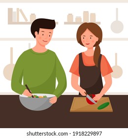 A couple is preparing dinner in the kitchen. A man and a woman are preparing food together. The family makes a vegetable salad. Healthy food. Vector flat illustration.