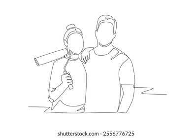 Couple preparing for home decoration. DIY decorations concept one-line drawing