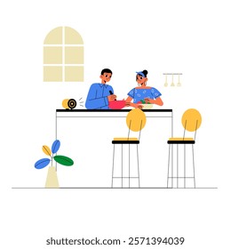 Couple Preparing A Meal Together At Kitchen Table In Flat Vector Illustration Symbolizing Cooking, Bonding, And Domestic Activities, Isolated On White Background