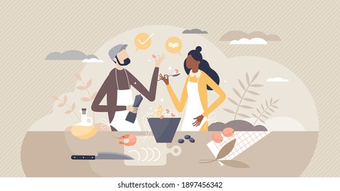 Couple preparing meals together as culinary cook process tiny person concept. Delicious and tasty food ingredients for lunch or dinner at home vector illustration. Romantic husband and wife in kitchen