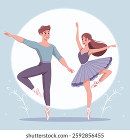 Couple of pretty and gentle ballerina man and woman dancing on white background. Poster, Banner, Flyer, Greeting Card. Vector illustration in flat cartoon style