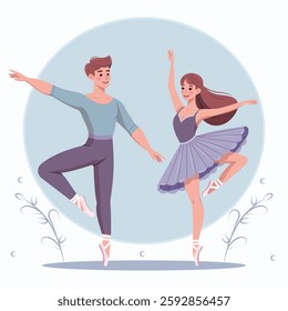 Couple of pretty and gentle ballerina man and woman dancing on white background. Poster, Banner, Flyer, Greeting Card. Vector illustration in flat cartoon style