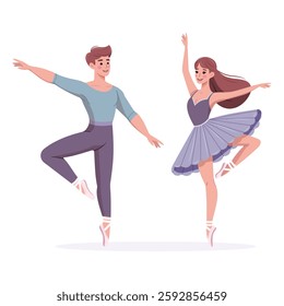 Couple of pretty and gentle ballerina man and woman dancing on white background. Poster, Banner, Flyer, Greeting Card. Vector illustration in flat cartoon style