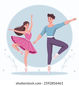 Couple of pretty and gentle ballerina man and woman dancing on white background. Poster, Banner, Flyer, Greeting Card. Vector illustration in flat cartoon style