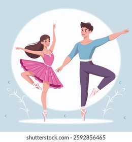 Couple of pretty and gentle ballerina man and woman dancing on white background. Poster, Banner, Flyer, Greeting Card. Vector illustration in flat cartoon style