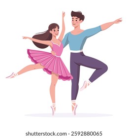 Couple of pretty and gentle ballerina man and woman dancing on white background. Poster, Banner, Flyer, Greeting Card. Vector illustration in flat cartoon style