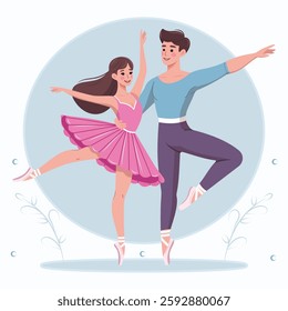 Couple of pretty and gentle ballerina man and woman dancing on white background. Poster, Banner, Flyer, Greeting Card. Vector illustration in flat cartoon style