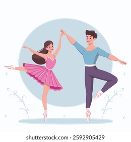 Couple of pretty and gentle ballerina man and woman dancing on white background. Poster, Banner, Flyer, Greeting Card. Vector illustration in flat cartoon style