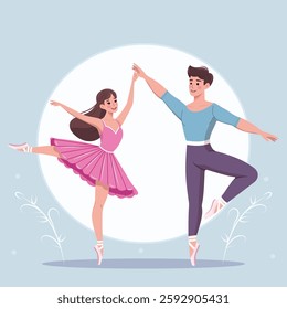 Couple of pretty and gentle ballerina man and woman dancing on white background. Poster, Banner, Flyer, Greeting Card. Vector illustration in flat cartoon style