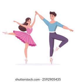 Couple of pretty and gentle ballerina man and woman dancing on white background. Poster, Banner, Flyer, Greeting Card. Vector illustration in flat cartoon style