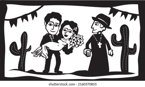 couple and priest celebrating marriage, Cordel style illustration, traditional brazil illustration.