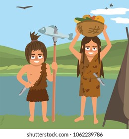 couple of primitives near hut at natural landscape,  vector cartoon illustration in flat style