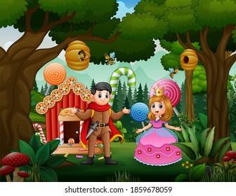 A couple prince and princess with candy house at forest