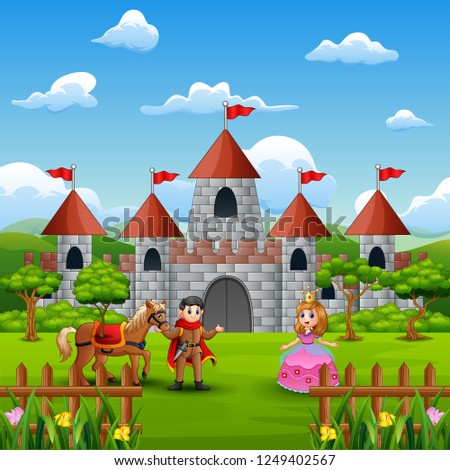 Couple a princess and prince in front of the castle