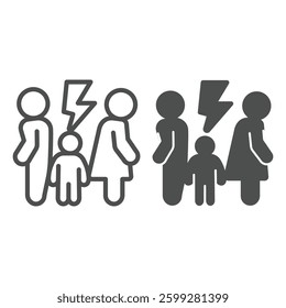Couple problem with lightning line and solid icon, family lawyer concept. Vector graphics. Man with woman and child trust problem sign on white background, outline style icon for mobile or web design