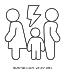Couple problem with lightning thin line icon, family lawyer concept. Vector graphics. Man with woman and child trust problem sign on white background, outline style icon for mobile or web design