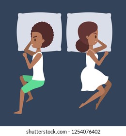 Couple with the problems in relationship. Angry man is not looking at stressed woman. No sex tonight. Flat vector illustration